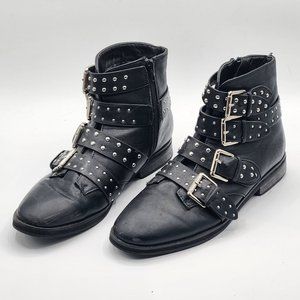 Black Faux Leather Women's Studded, Buckle and Zip Ankle Boots
